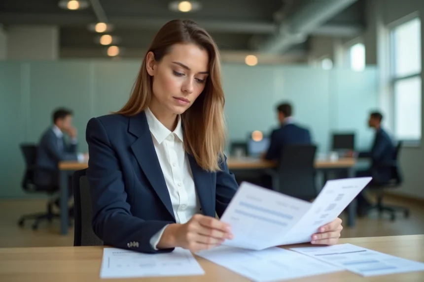 Femme professionnelle consultant ses bulletins de salaire et documents d'emploi sur un bureau de bureau moderne