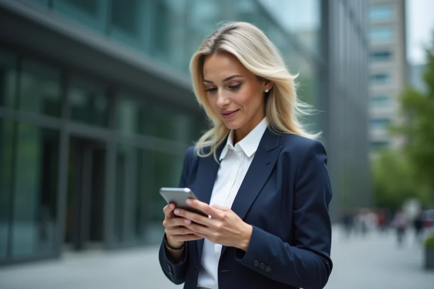 Femme professionnelle utilisant son espace client pro ACCESS24 sur smartphone devant un immeuble de bureaux moderne