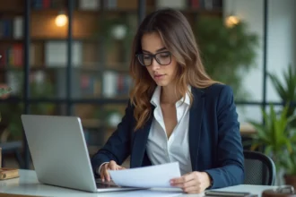 Jeune femme en blazer bleu examine des documents au bureau