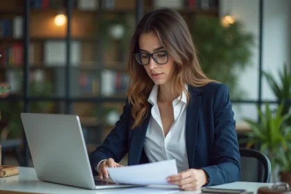 Jeune femme en blazer bleu examine des documents au bureau