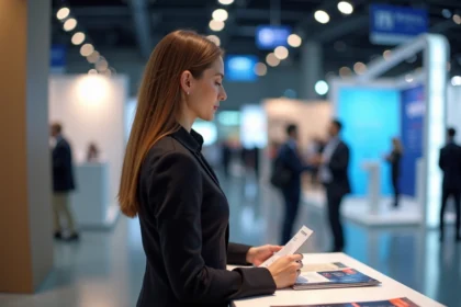 Femme d'affaires organisée devant un stand d'exposition