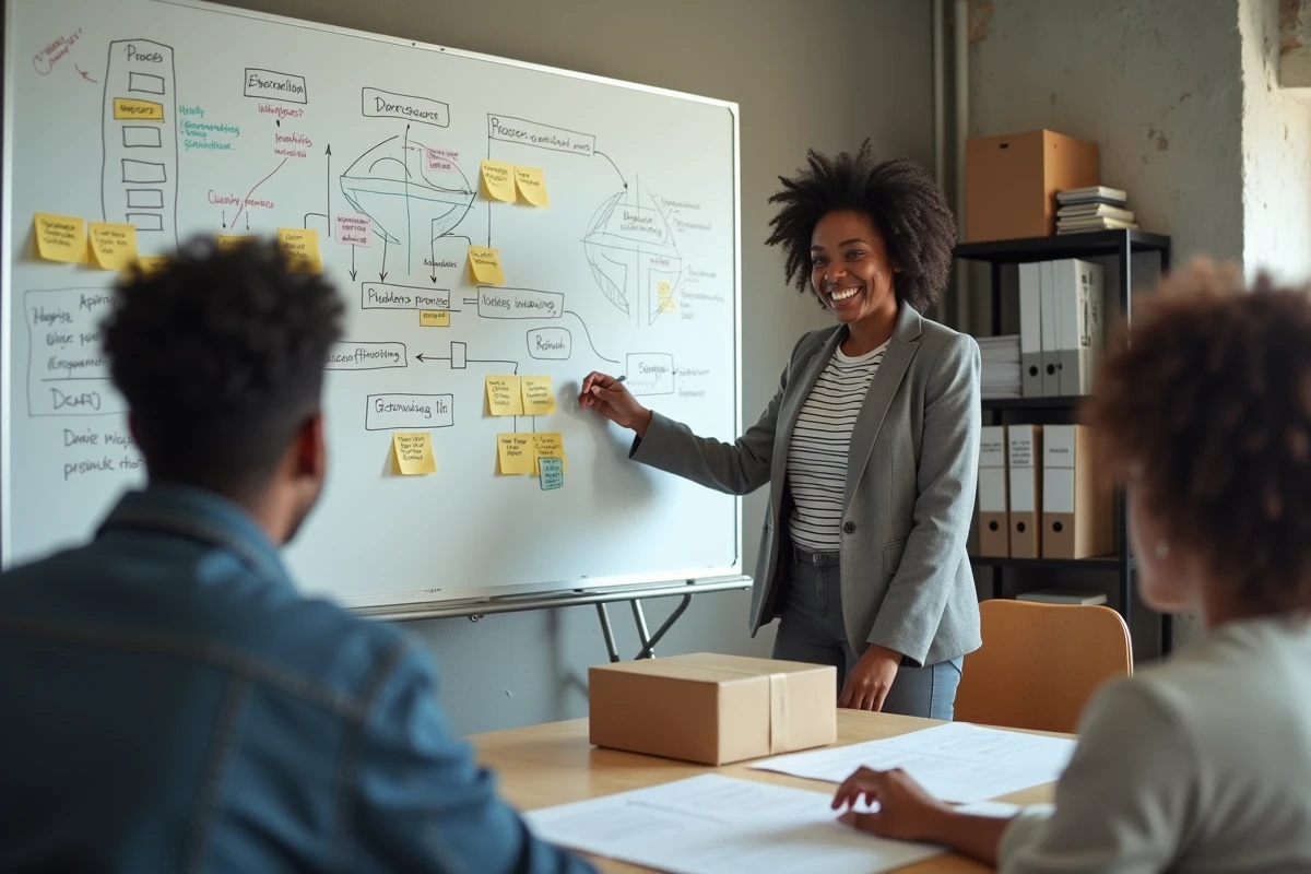 Femme d'affaires présentant un prototype en carton recyclé dans une salle de réunion minimaliste, symbolisant l'innovation Jugaad et l'optimisation des processus industriels à faible coût