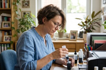 Femme en home office rechargeant une cartouche d'encre