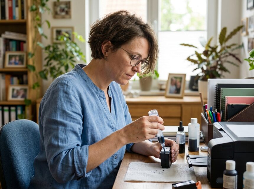 Femme en home office rechargeant une cartouche d'encre