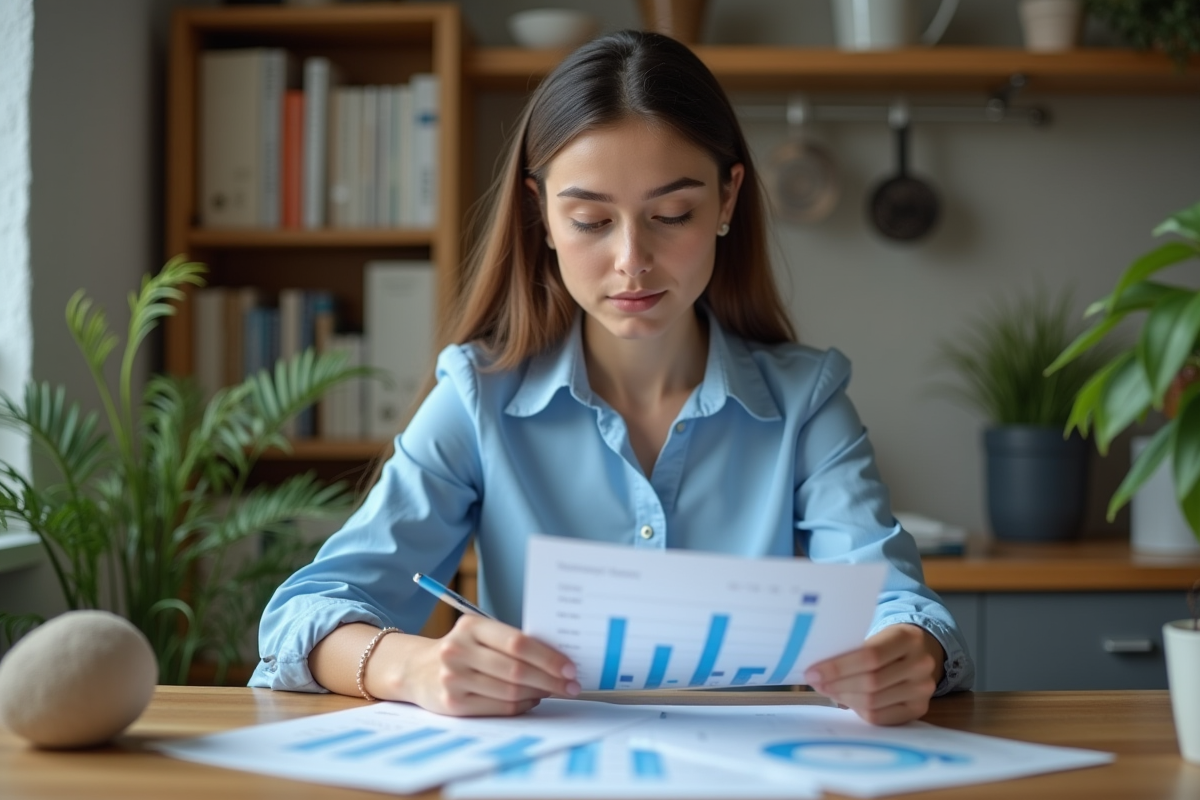 Jeune femme analysant un graphique de prix à la maison