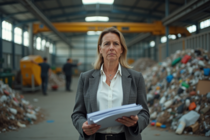 Femme d'âge moyen dans une usine de recyclage avec documents