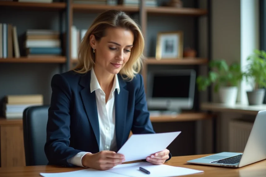 Femme professionnelle rédigeant une lettre recommandée avec accusé de réception dans un bureau à domicile moderne