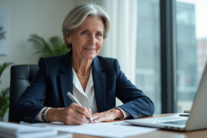 Femme d'une soixantaine d'années signe une notice de retraite