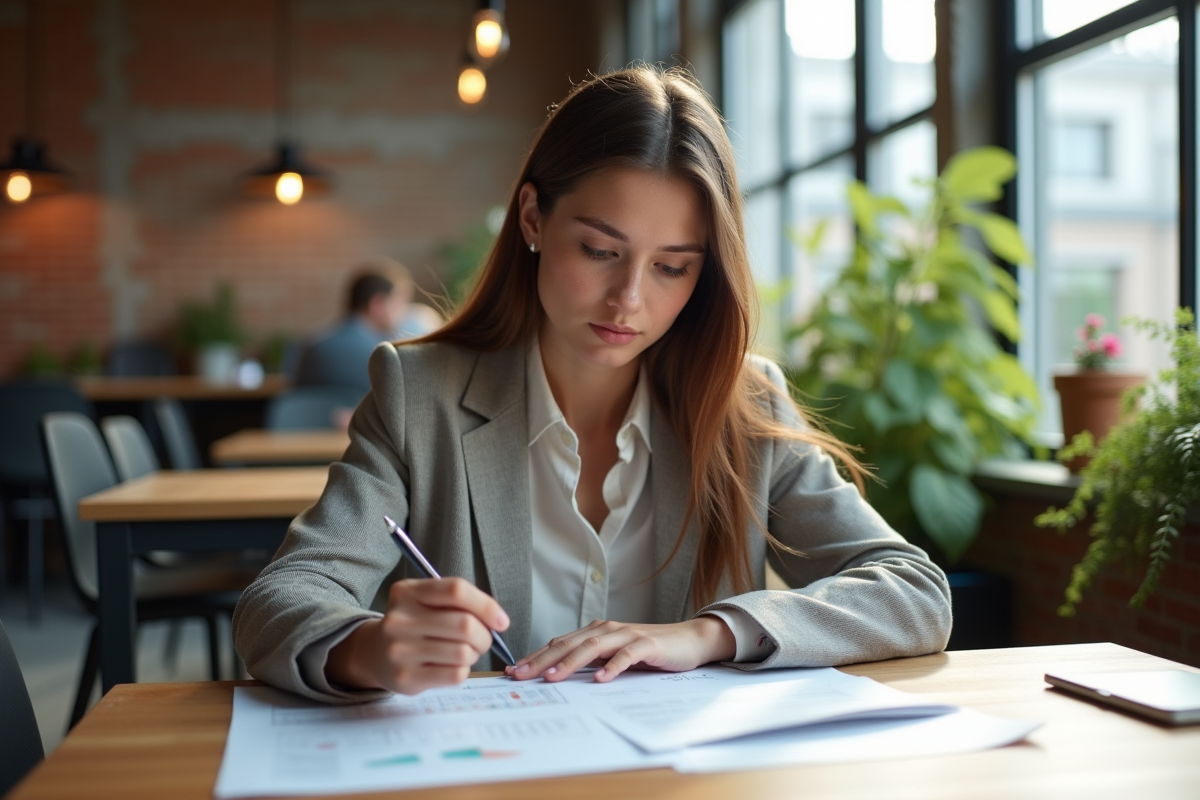 Jeune femme en coworking examinant des rapports imprimés