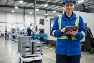 Femme en uniforme bleu vérifiant une tablette dans une usine moderne
