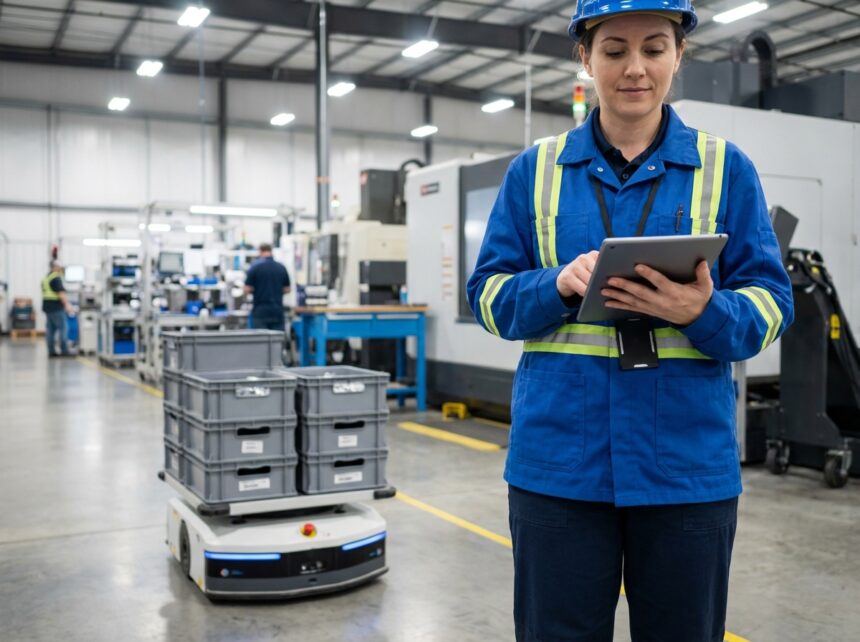 Femme en uniforme bleu vérifiant une tablette dans une usine moderne