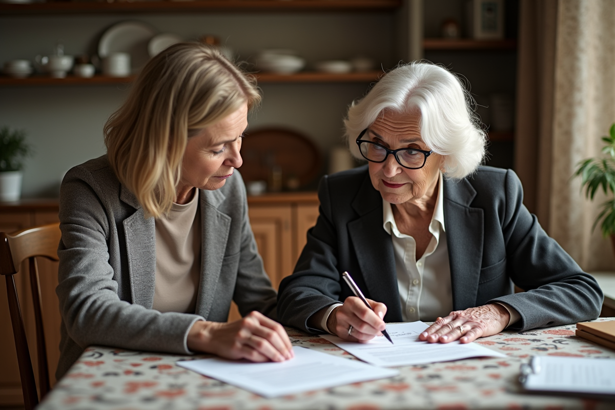 Femme âgée signant un document dans sa cuisine avec sa fille
