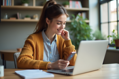 Jeune femme concentrée sur son smartphone dans un appartement lumineux