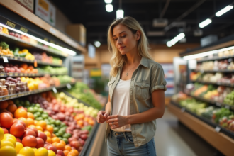 Femme examine des produits frais dans un supermarche moderne