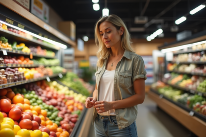 Femme examine des produits frais dans un supermarche moderne