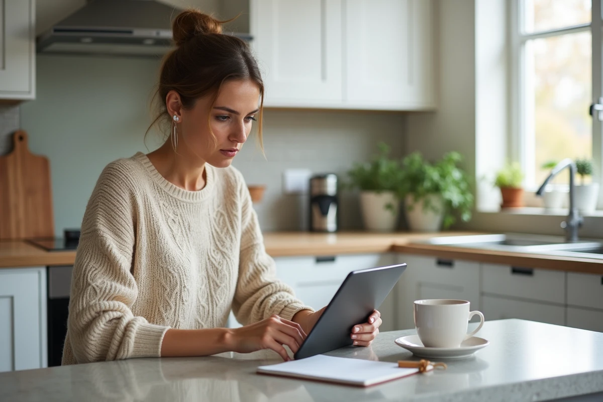 Femme configurant une application d'agenda sur tablette dans une cuisine moderne lors de sa routine matinale pour mieux organiser sa journée