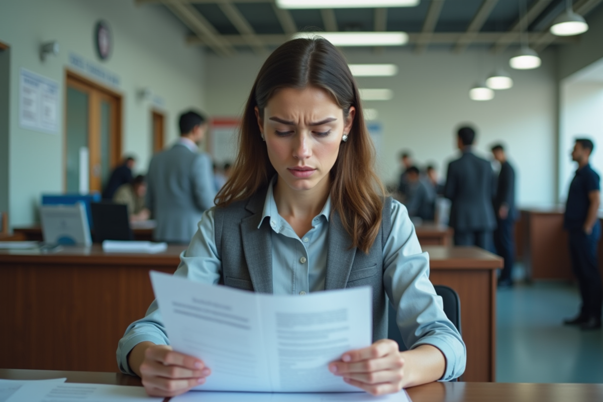 Jeune femme en bureau administratif consulte des papiers importants
