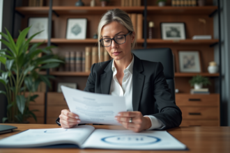 Femme d'âge moyen au bureau examine documents juridiques