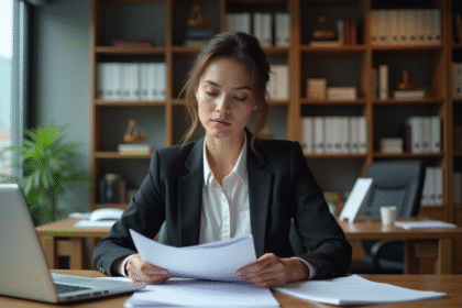 Femme en bureau examinant des documents pour un article sur le droit
