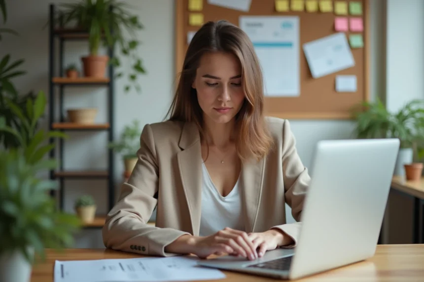 Femme travaillant sur son ordinateur dans un bureau moderne