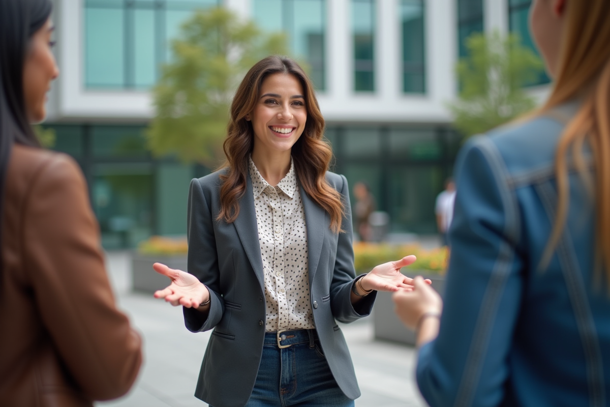 Jeune femme confiante parlant en extérieur en milieu urbain