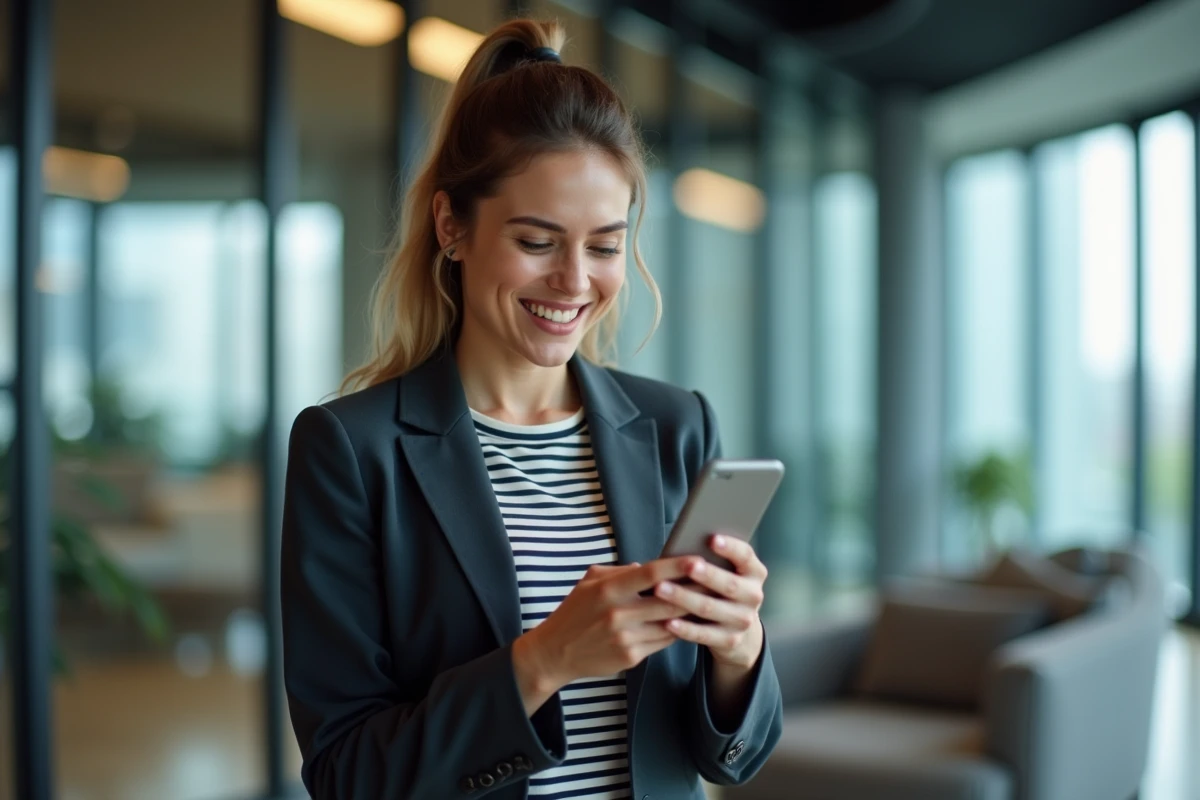 Femme souriante utilisant son smartphone pour une confirmation WhatsApp