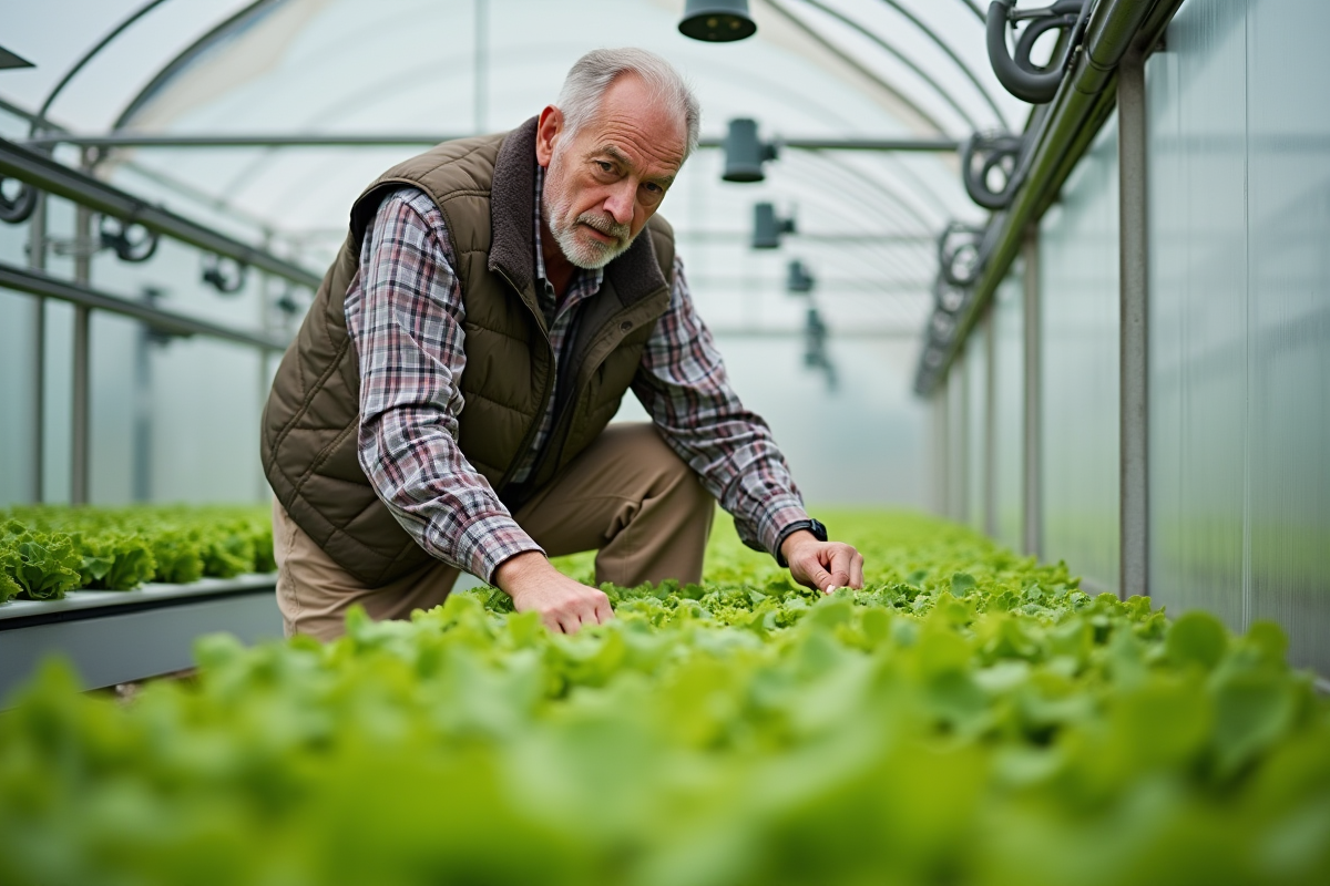 Fermier inspectant des plants de laitues en serre moderne