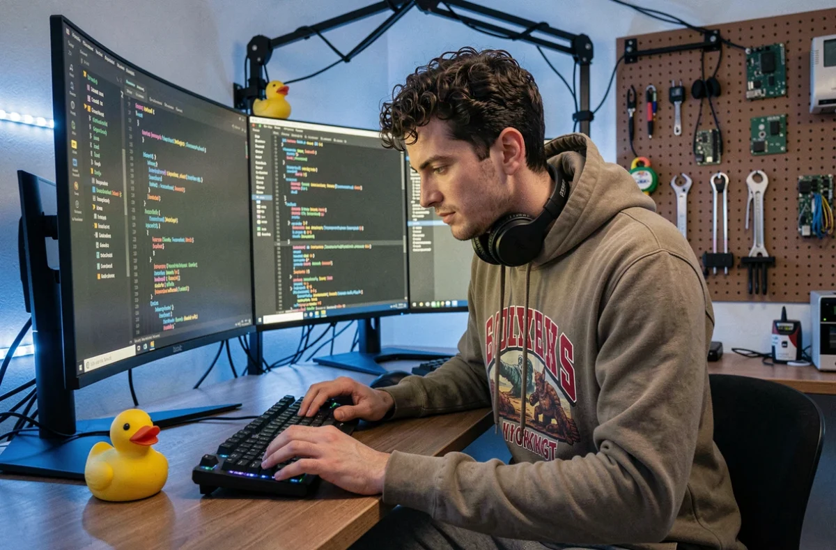 Développeur full-stack de l'agence Galadrim travaillant sur une application web React dans un studio tech immersif à Paris