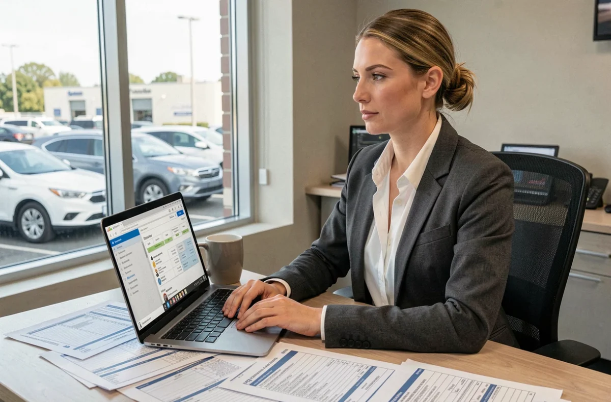 Gestionnaire de flotte automobile féminine analysant des rapports d'inspection sur un tableau de bord numérique au bureau