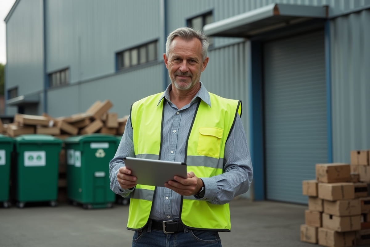 Gestionnaire d usine écologique avec tablette près d une station de recyclage
