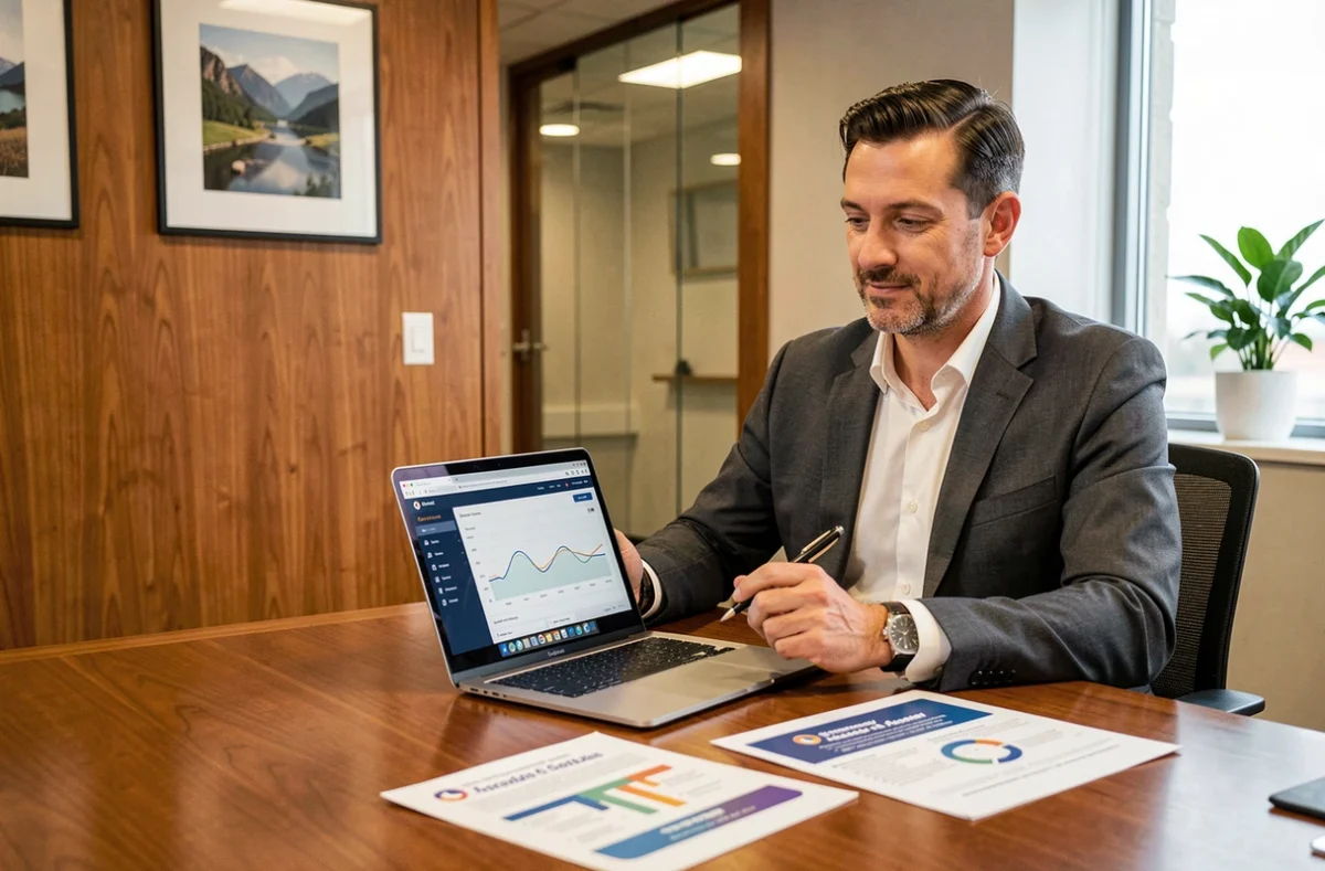 Consultant de GND Consulting analysant une stratégie de création de site web avec des rapports et un tableau de bord numérique