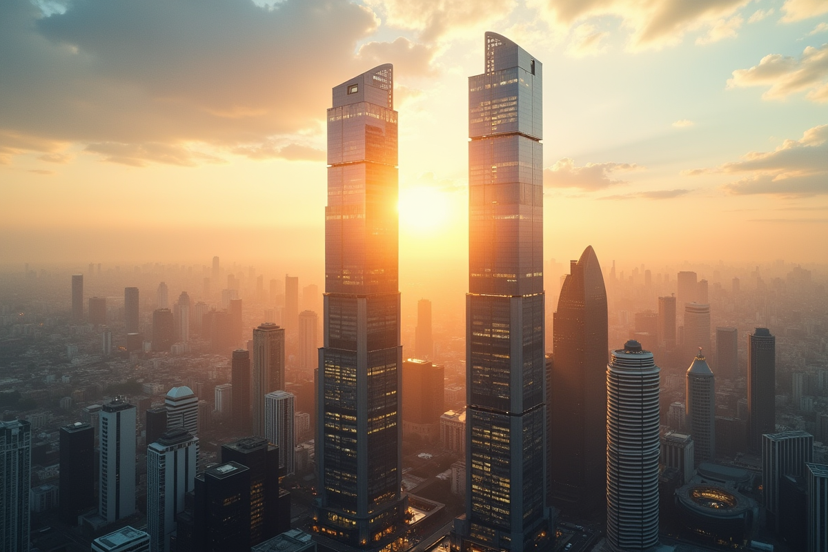 Gratte-ciel moderne reflet d or symbolisant la finance