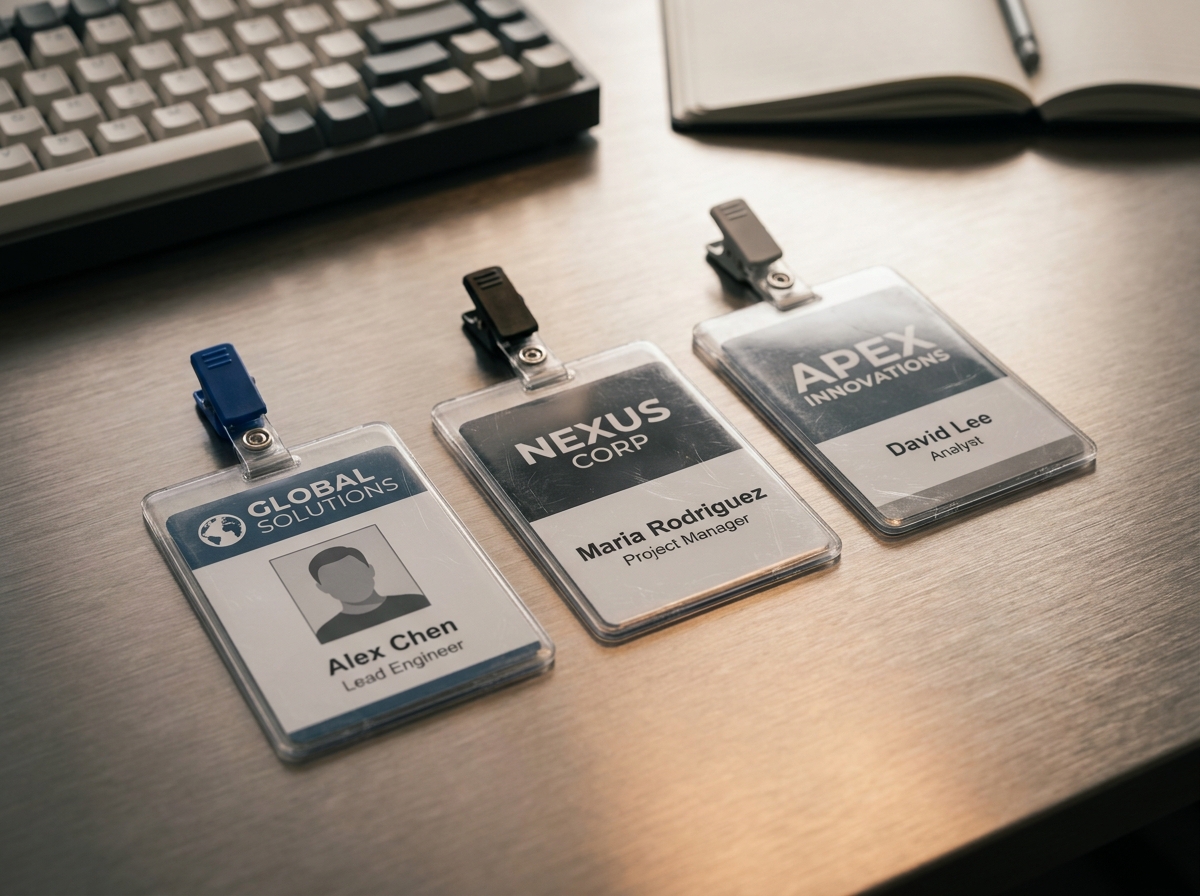 Gros plan sur trois badges d'identification professionnels posés sur un bureau en métal brossé