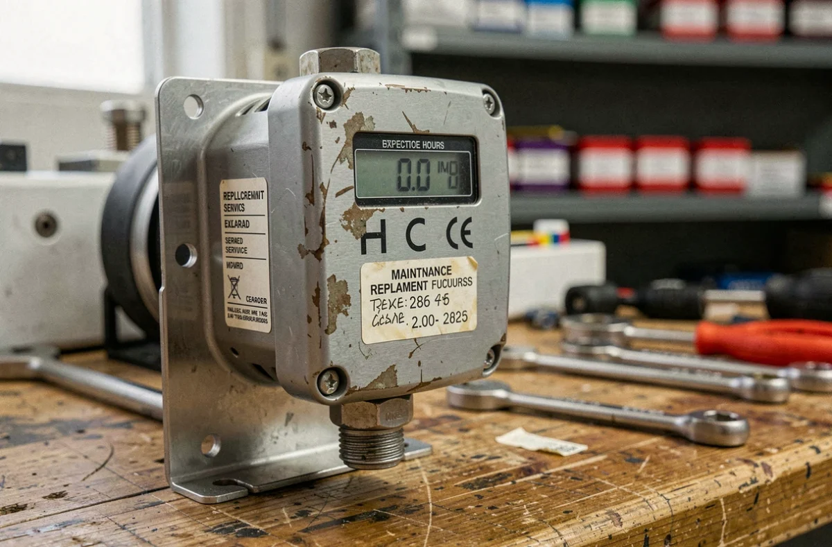 Gros plan d'un capteur de gaz Honeywell Analytics XNX usé avec étiquette de maintenance et affichage de durée de service en atelier industriel