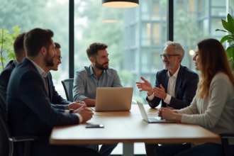 Groupe de professionnels en réunion dans un bureau moderne