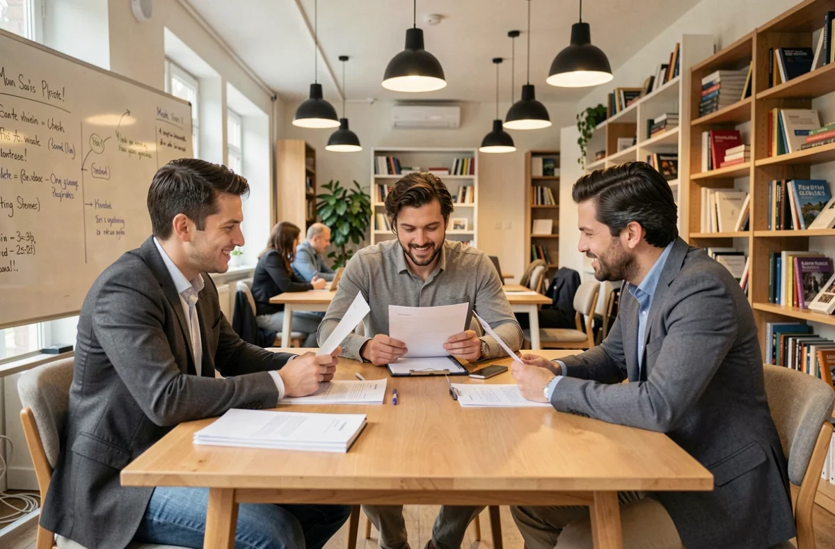 Groupe de professionnels collaborant autour d'une table dans un espace de coworking partagé à Montrouge
