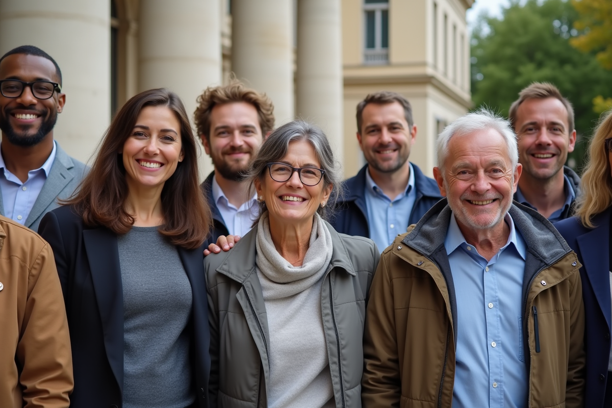 Groupe diversifié devant un bâtiment français en soutien
