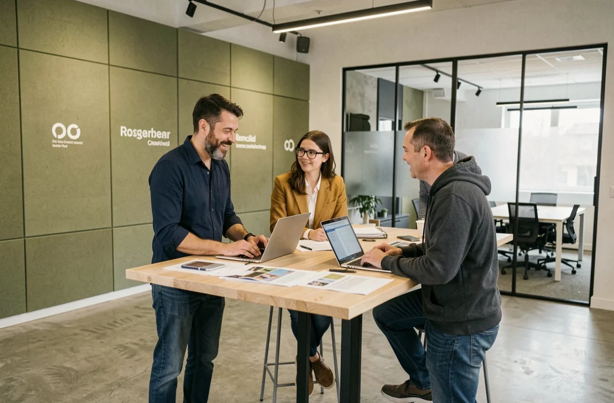 Groupe de travailleurs indépendants en discussion autour d'une table dans un espace de coworking à Lens