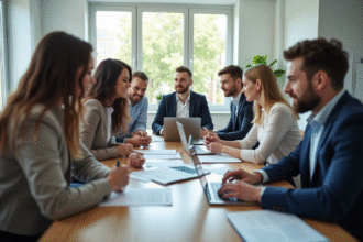 Groupe de professionnels travaillant ensemble dans un bureau lumineux
