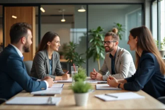 Groupe de professionnels en réunion dans un espace coworking parisien