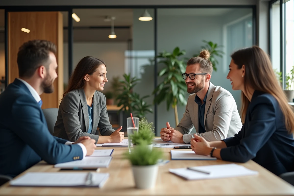 Groupe de professionnels en réunion dans un espace coworking parisien