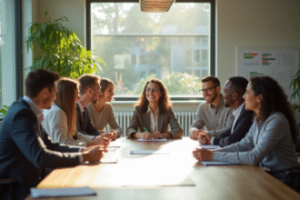Groupe de professionnels collaborant sur un projet durable