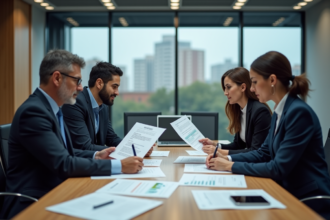 Groupe de professionnels discutant autour d'une table en bureau moderne