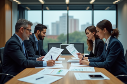 Groupe de professionnels discutant autour d'une table en bureau moderne