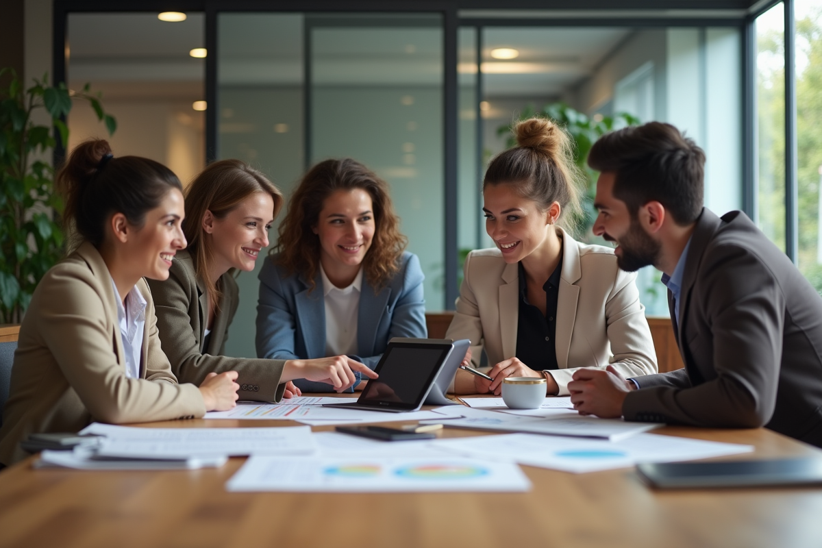 Équipe de professionnels collaborant autour d'une tablette en bureau moderne
