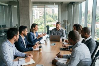 Groupe divers de professionnels en réunion de travail