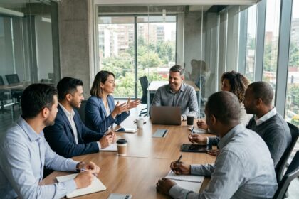 Groupe divers de professionnels en réunion de travail
