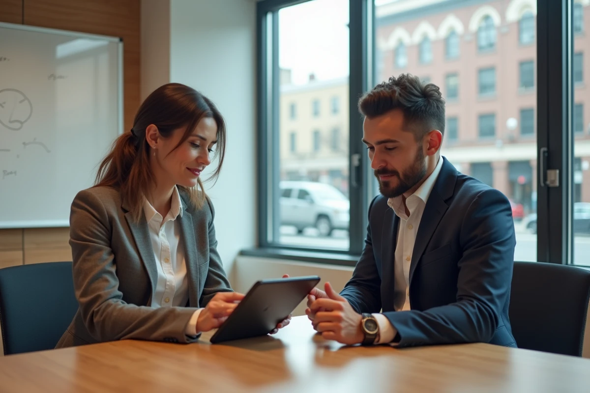 Deux franchisés Norauto consultant le guide d'activation de compte sur l'intranet en salle de réunion