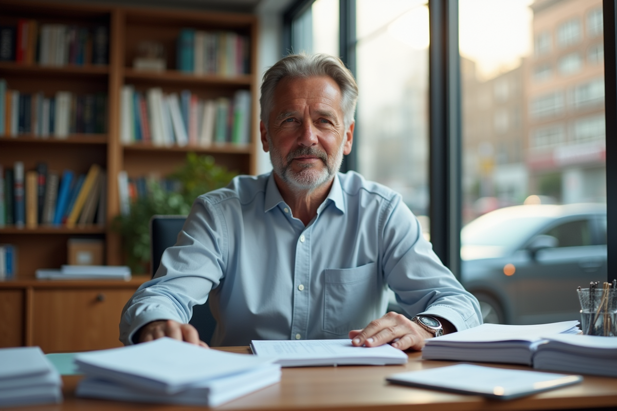 Homme d affaires dans son bureau avec documents et vue urbaine