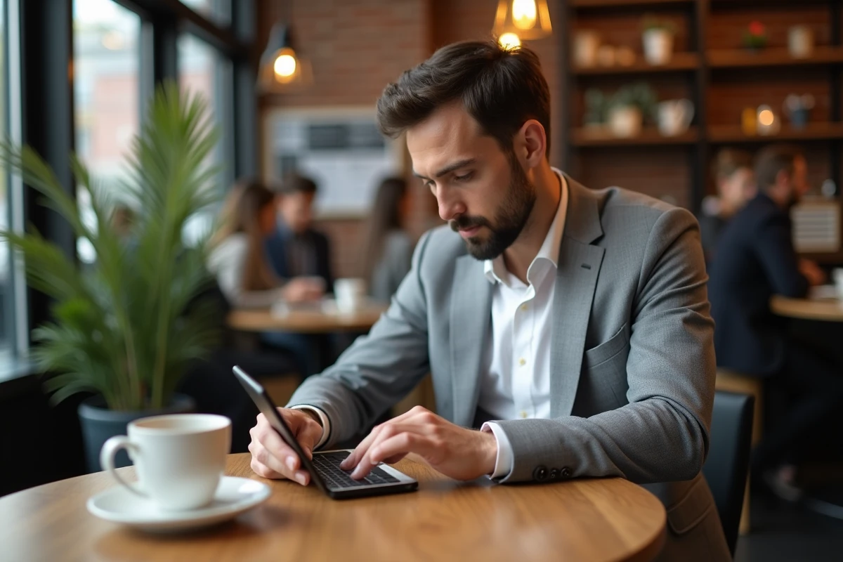 Homme d'affaires consultant son espace client professionnel ACCESS24 sur smartphone dans un café contemporain